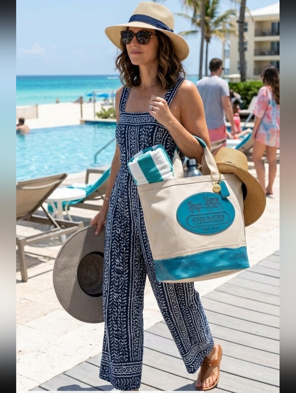HUGE Coach Limited Edition Canvas Beach Tote - Teal Perfect Pool Bag - Picture 3 of 12